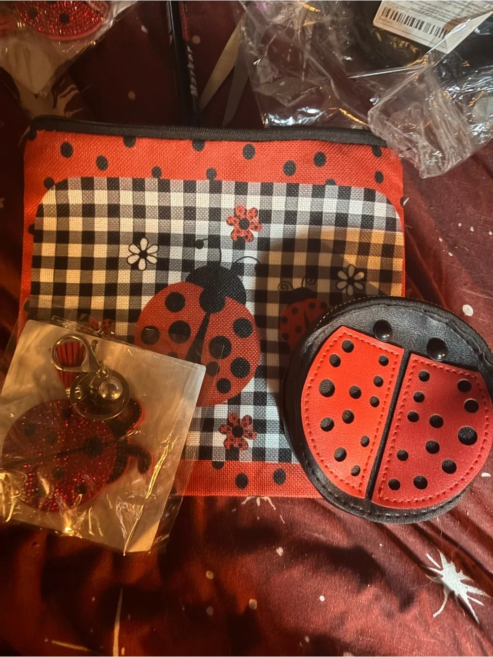 Ladybug Zipper Pouch and Coin Purse - Red with lady bug bag charm